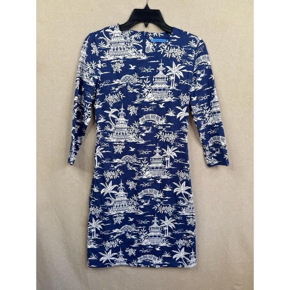 J.McLaughlin Sophia Dress Womens Blue White Tongsai Palms Print 3/4 Sleeve - Picture 2 of 10